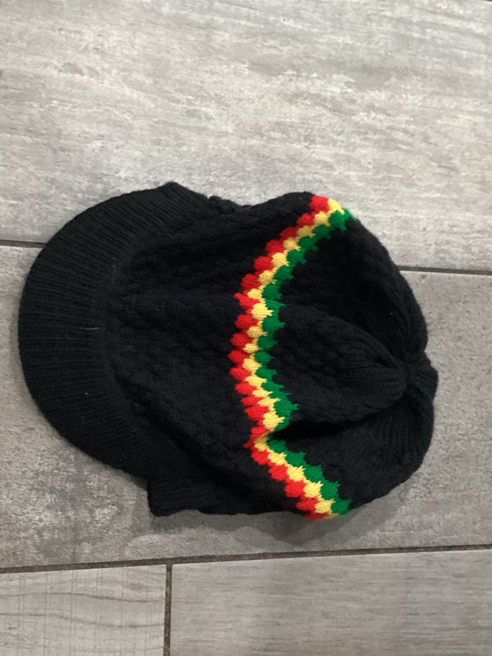 Black Knit Visor Beanie with Red, Yellow & Green Stripe